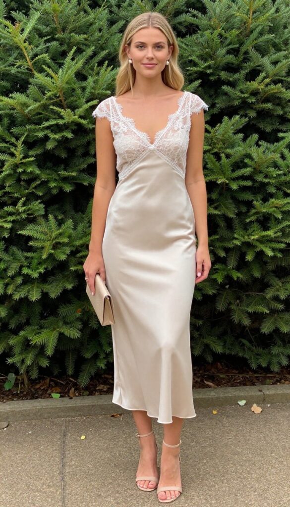 Woman in satin slip dress with sheer lace sleeves, nude sandals, small clutch, garden setting