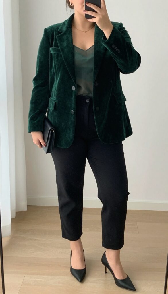 Woman in deep green velvet blazer, sheer chiffon blouse, black cropped pants, pointed heels, and clutch, standing in a mirror selfie pose.