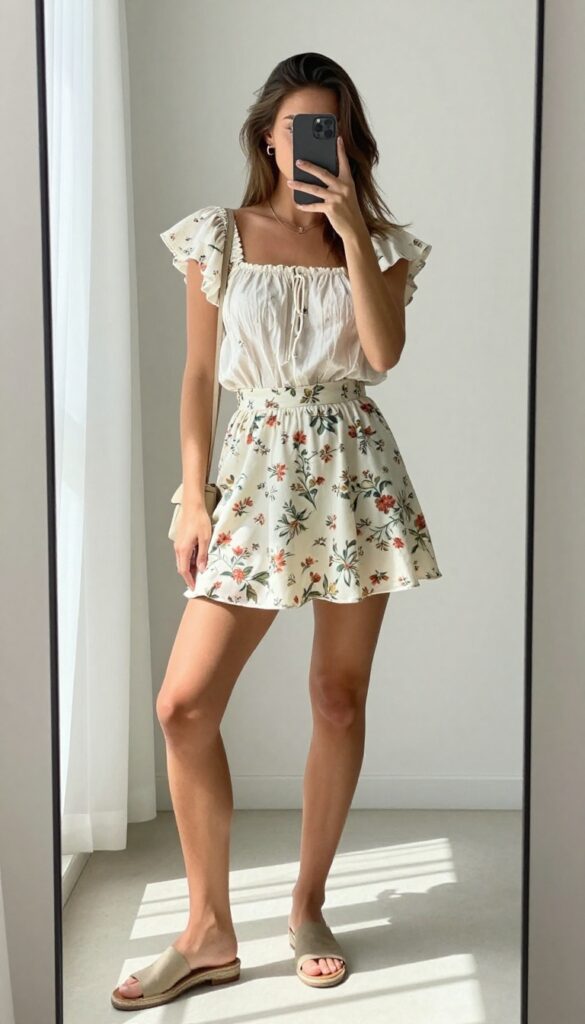 Woman in floral mini skirt and blouse taking a mirror selfie, showcasing a feminine summer brunch outfit.