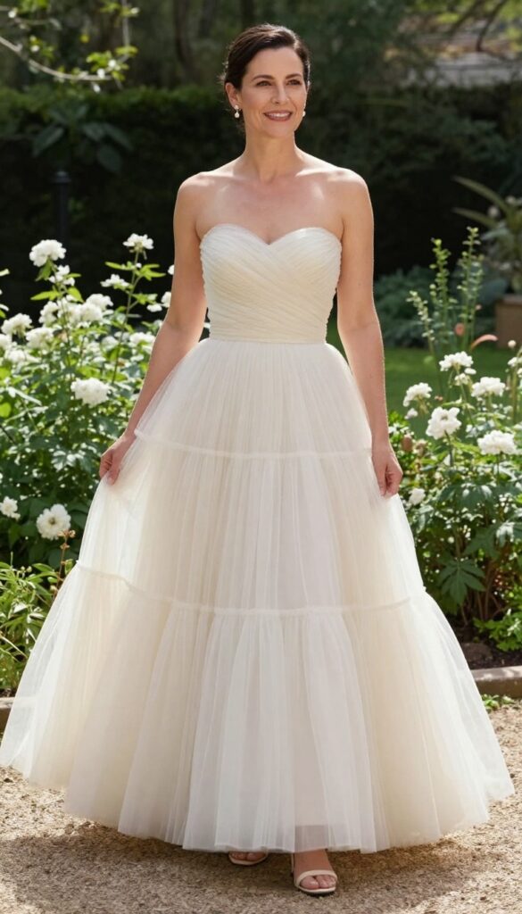 Strapless ball gown with ruffled tiered skirt in ivory tulle, worn by a woman in a sunny garden
