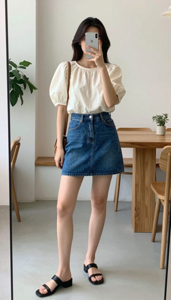 A woman in a light puff sleeve blouse and mid-length denim skirt, posing for a mirror selfie at a bright brunch venue.