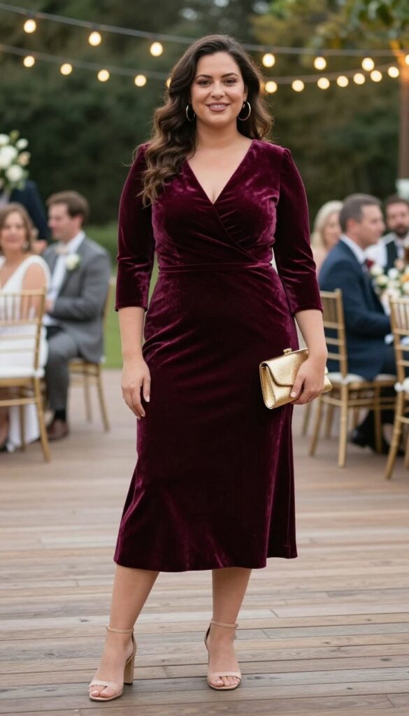 Plus-size woman in her 30s wearing a deep emerald velvet midi dress with V-neckline and three-quarter sleeves, gold hoop earrings, gold clutch, and nude block-heel sandals at an evening wedding reception with string lights.