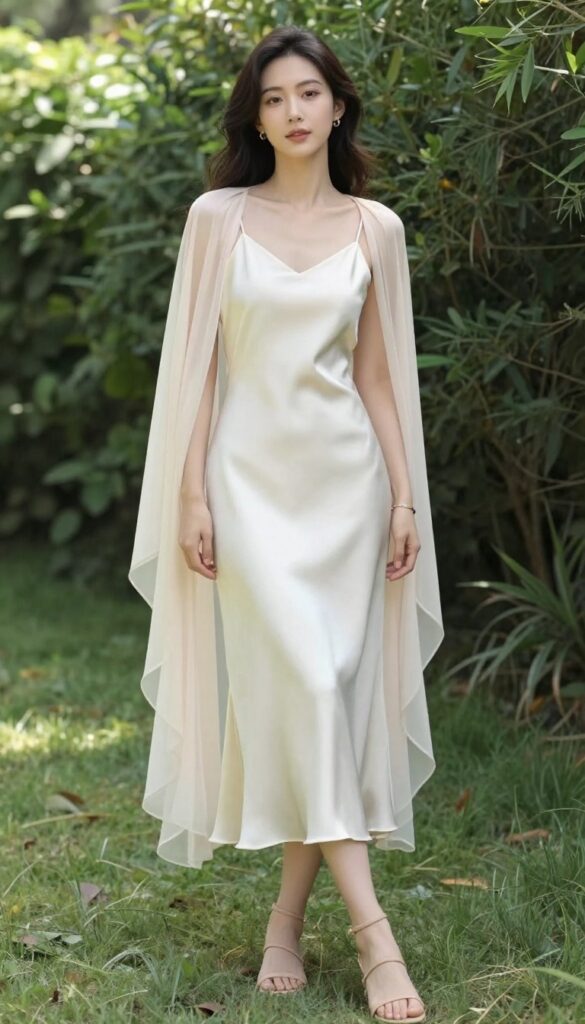 Woman in ivory satin slip dress with sheer blush cape, standing in sunlit garden