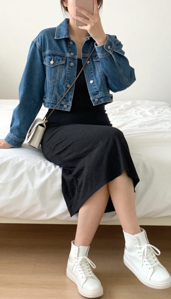 Woman in midi dress and cropped denim jacket, white sneakers, crossbody bag, taking a mirror selfie in bedroom.