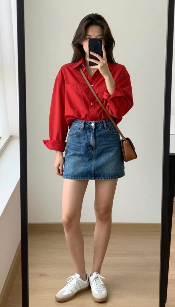 Woman in red shirt and denim skirt taking a mirror selfie, casual outfit inspiration.