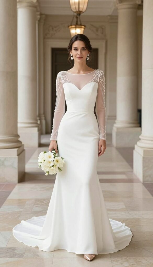 Woman in sheer-sleeve illusion wedding dress with embellished shoulders, posing in a grand ballroom with chandeliers.