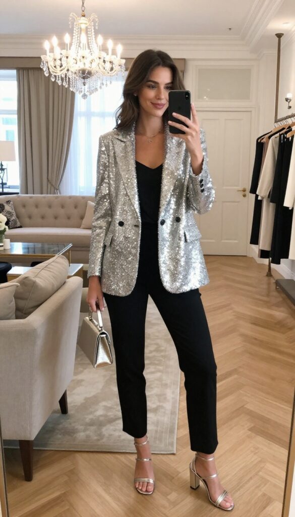Woman in silver sequined blazer and black trousers with strappy heels at hotel ballroom