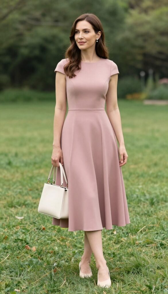 Woman in dusty rose fit-and-flare dress with ballet flats and pearl earrings at garden wedding