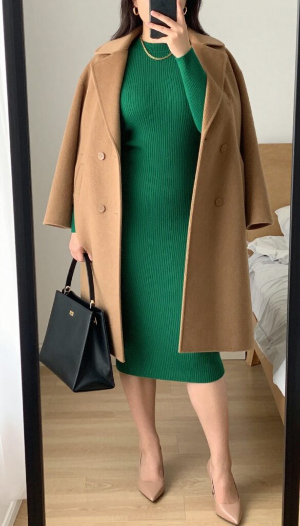 Woman in emerald green ribbed knit midi dress and camel wool coat, with gold accessories and nude pumps, standing in a bright office or street setting.