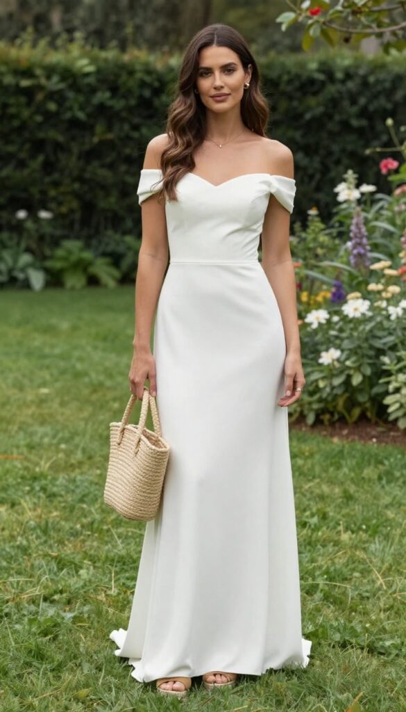 Woman in off-shoulder white wedding dress with straw bag and espadrilles in garden
