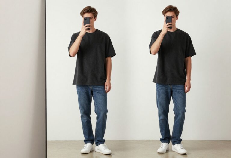 Man in oversized tee and relaxed jeans taking a mirror selfie, showcasing a casual streetwear outfit with clean sneakers and neutral tones.