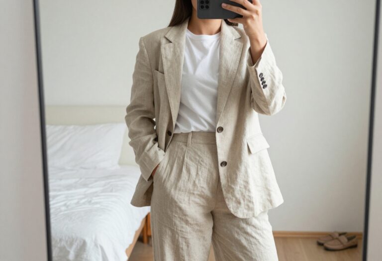 Woman in beige linen blazer and wide-leg trousers taking a mirror selfie in bedroom