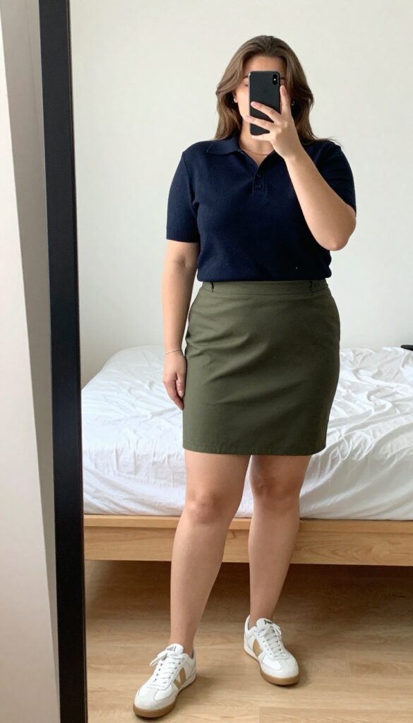 Woman in tucked knit polo and A-line skirt with white sneakers, standing in a bright office or casual setting.