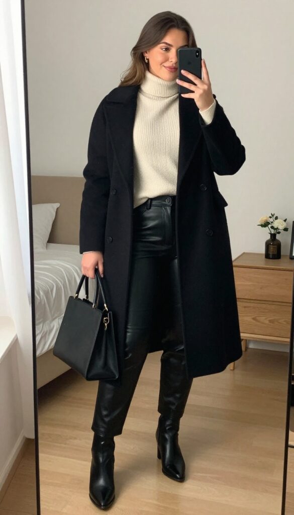 A woman in a turtleneck, faux leather pants, ankle boots, and a long coat, posing in a city setting.