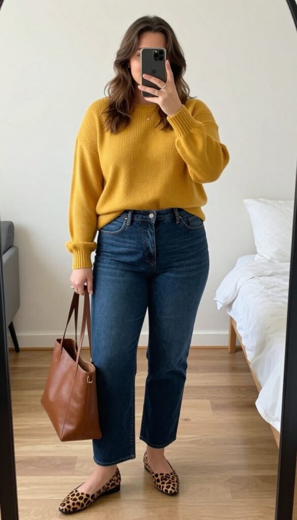Plus size woman in mustard yellow sweater, dark wash straight jeans, and leopard flats, holding a brown tote, posing in a mirror selfie.