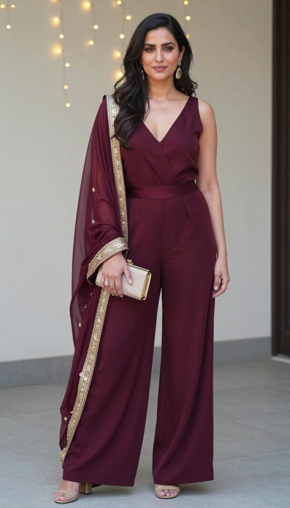 Indo-Western jumpsuit with dupatta for wedding function boho style
