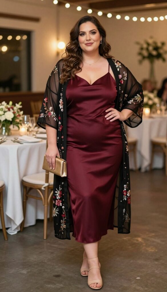 Plus-size woman in burgundy satin slip dress with sheer black floral kimono, nude mules, and gold clutch at evening wedding reception.