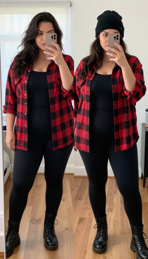 Plus-size woman in a plaid shirt, black leggings, and combat boots taking a mirror selfie.