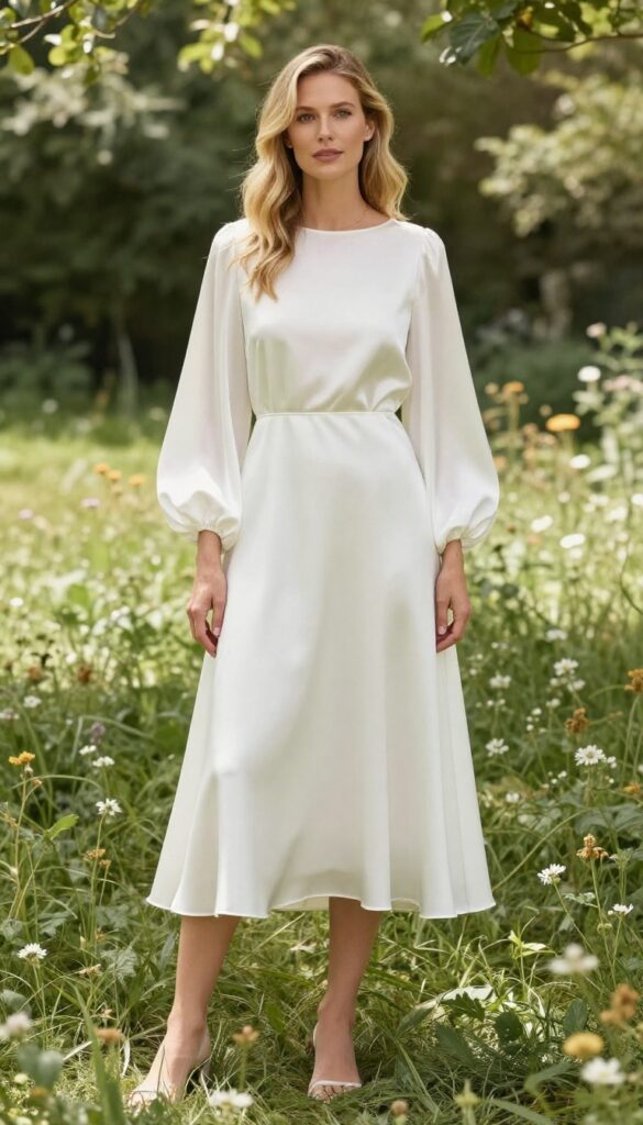 Young adult woman with fair skin and loose blonde waves wearing a white silk wedding dress with balloon sleeves and A-line skirt, standing in a sunlit garden, smiling gently.