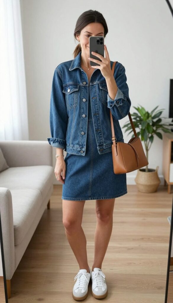 A modern mom in a simple midi dress and fitted denim jacket, taking a mirror selfie in a bright, clean living room.