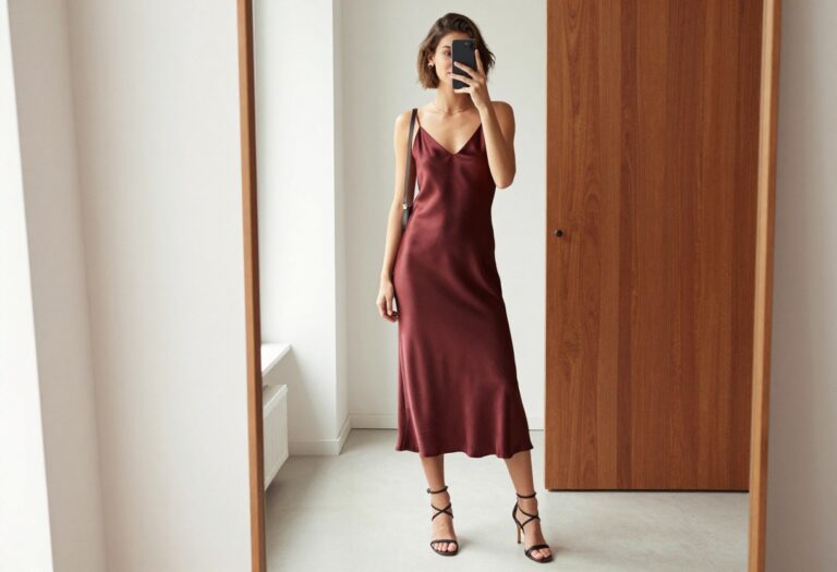 A woman in a satin slip dress and strappy heels takes a mirror selfie, showcasing a polished yet comfortable summer night out outfit.