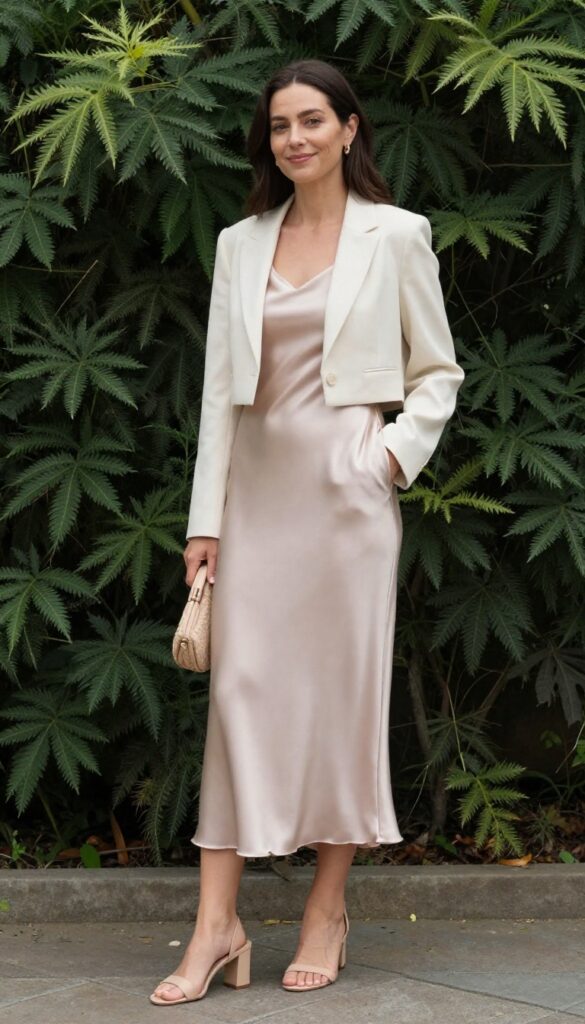 Blush satin midi dress with cream cropped blazer, nude block-heel sandals, and woven clutch in garden setting
