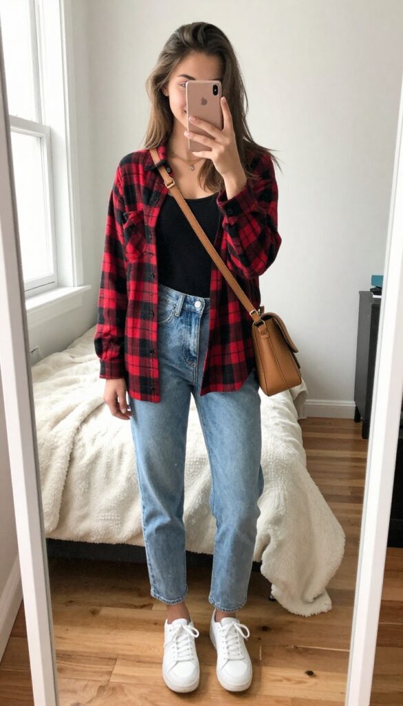 Teen girl in plaid flannel shirt over tank top and mom jeans, taking a mirror selfie with phone.
