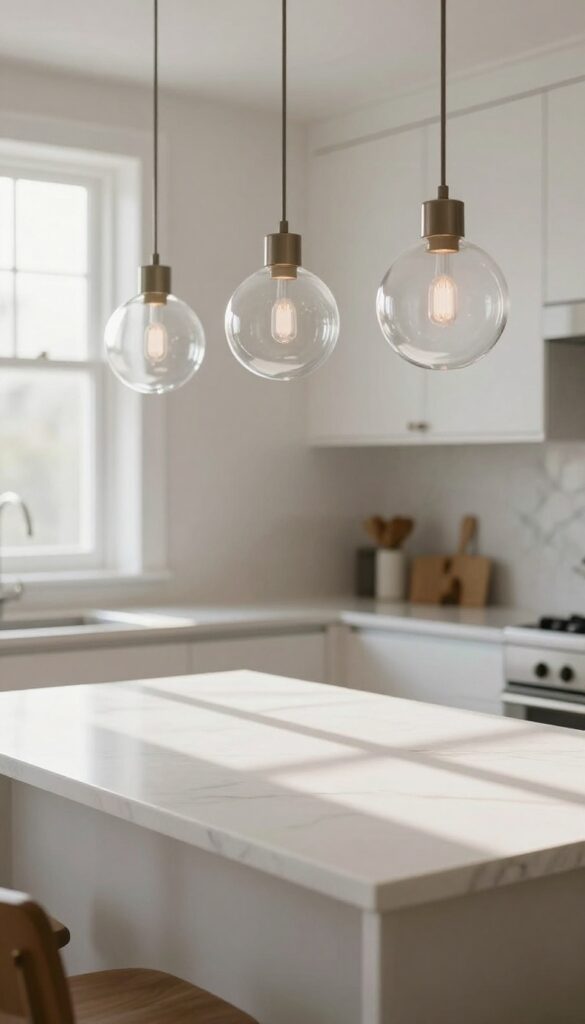 Three clear glass pendant lights hanging above a kitchen island, creating an airy and spacious feel with natural light reflections.