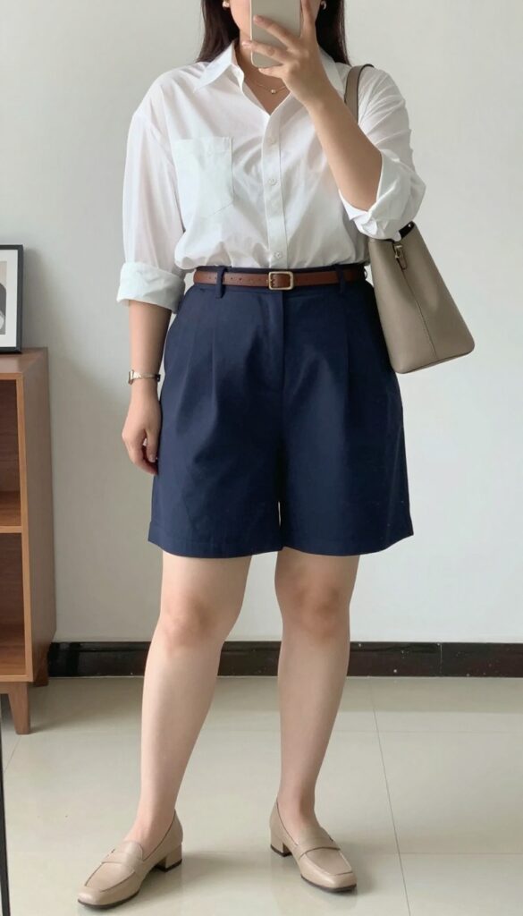 Woman in pleated shorts and button-down shirt, sleeves rolled, leather belt, loafers, minimal accessories.