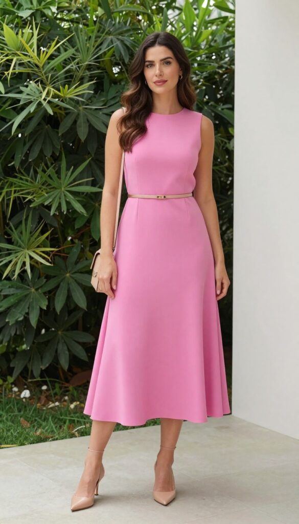 Woman in fuchsia fit-and-flare dress with gold belt, nude kitten heels, and crossbody bag in garden setting