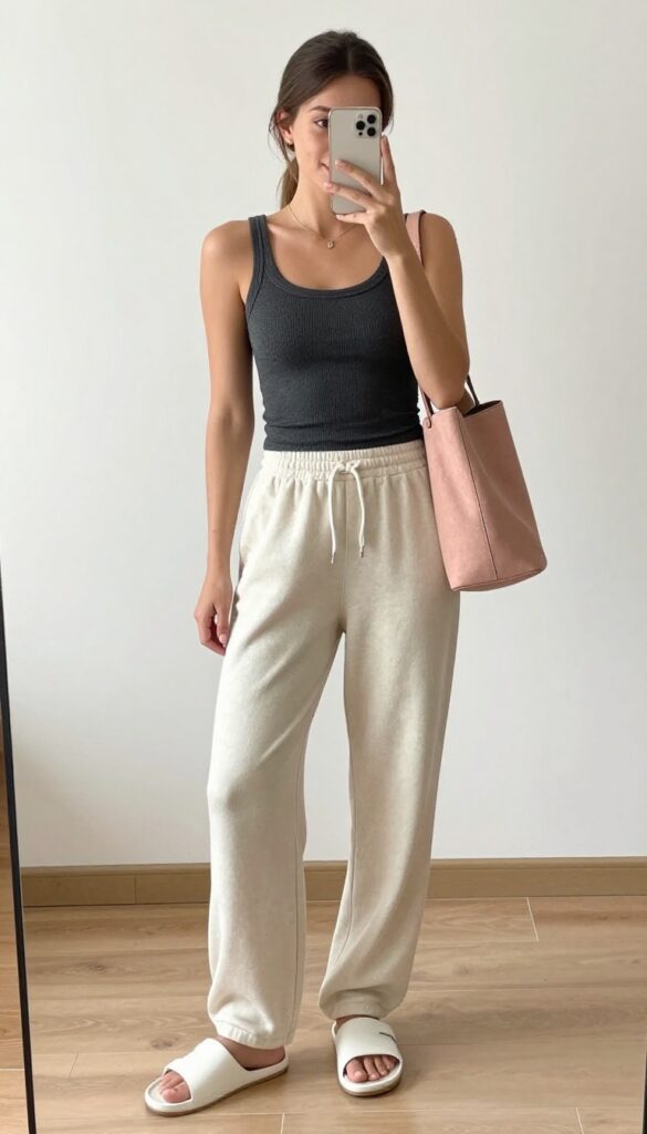 Woman in ribbed tank bodysuit and loose sweatpants taking a mirror selfie, showcasing a casual summer outfit with slides and delicate jewelry.