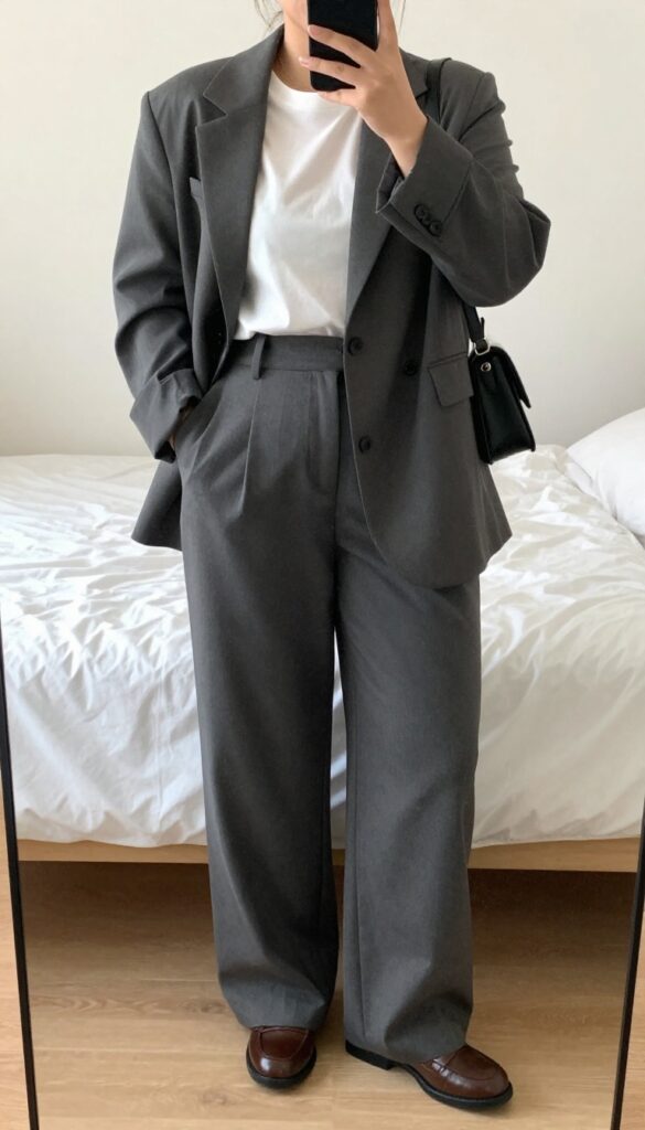 Woman in oatmeal blazer, white tee, high-waisted wide-leg trousers, leather loafers, and crossbody bag, standing in a coffee shop.