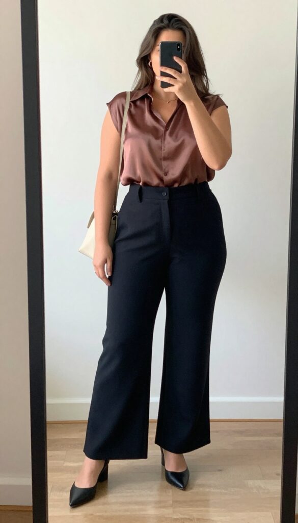 Plus-size woman in jewel-toned silk blouse and high-waisted wide-leg trousers, with pointed flats and structured tote, polished business casual look.
