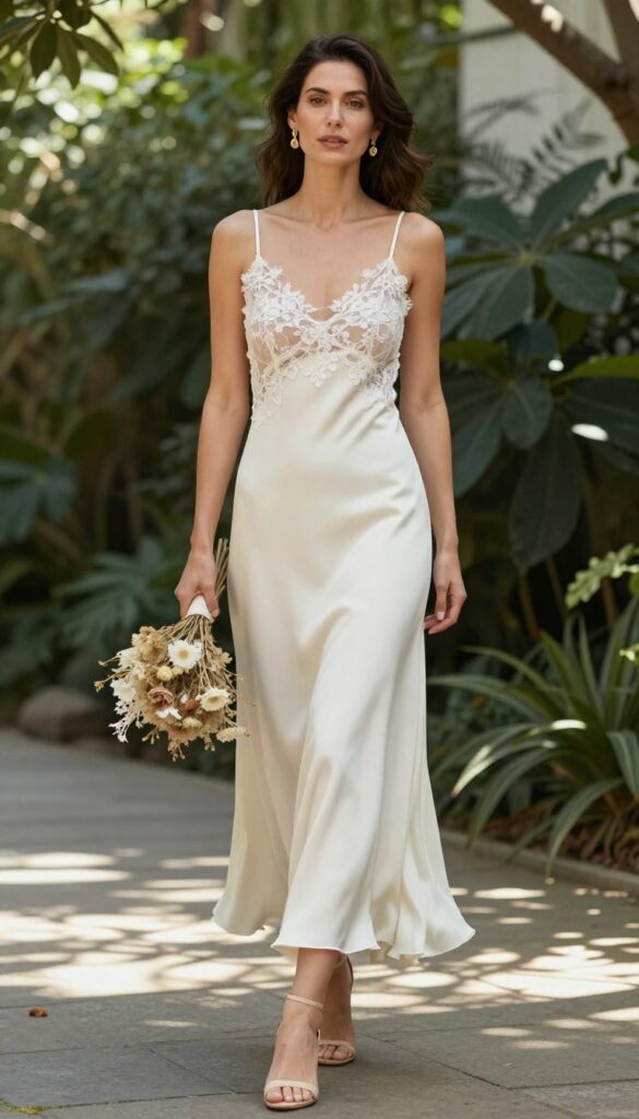 A woman in an ivory slip dress with lace overlay, gold earrings, and nude heels, standing in a garden with a bouquet.
