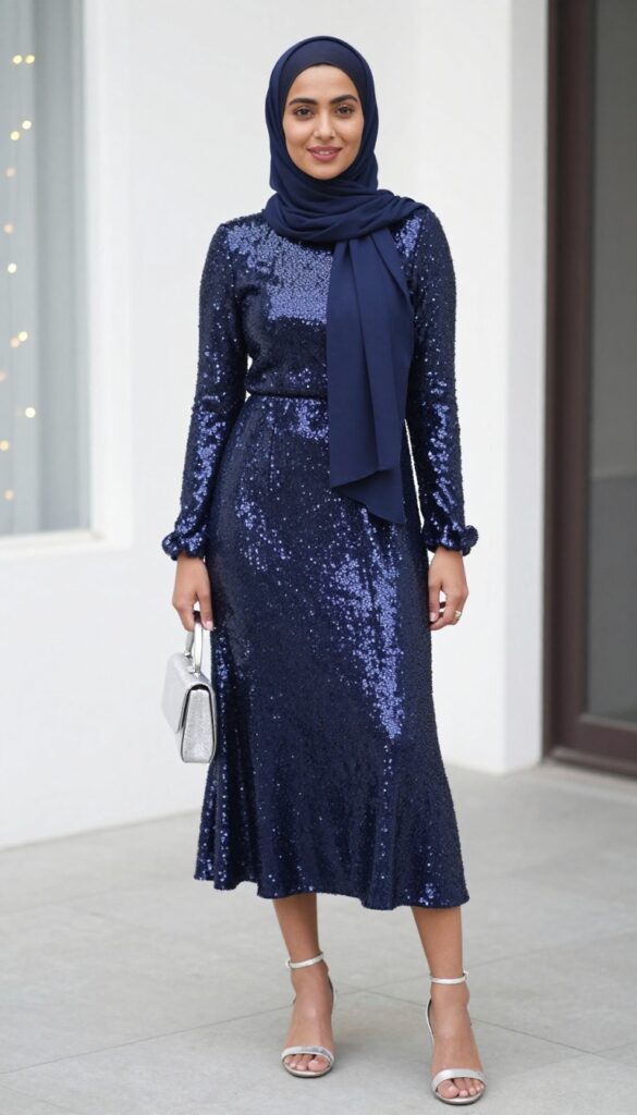 Hijabi woman in navy sequin midi dress with bow shoulders at evening wedding reception
