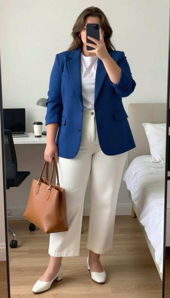 Plus size woman in cobalt blue blazer, white tee, and cropped wide-leg pants, standing in a bright office setting.