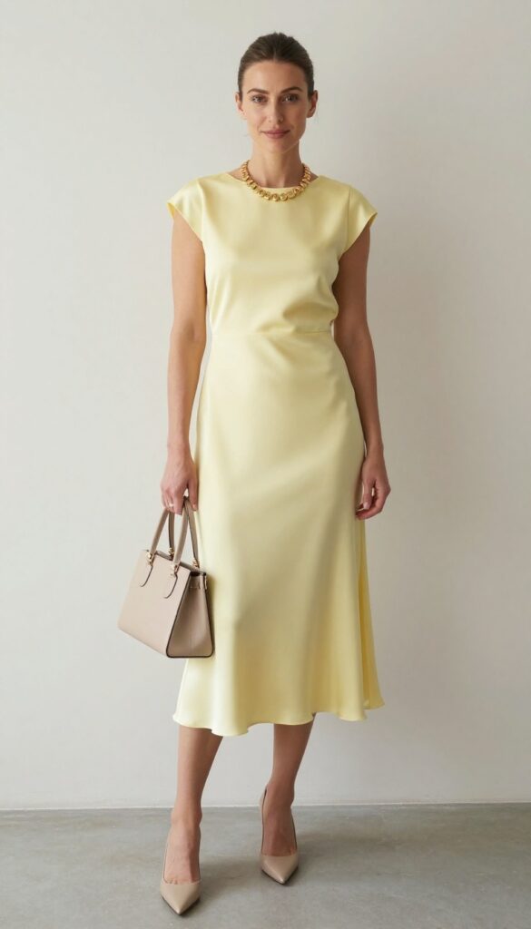 Woman in pale yellow satin shift dress with gold statement necklace and nude heels, standing in bright room.