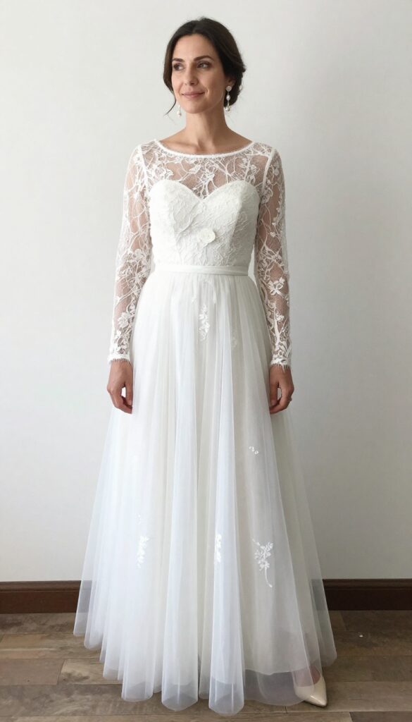Caucasian woman in late 20s wearing white lace-overlay ball gown with long sleeves, standing in rustic church doorway with soft natural light, full-length shot, natural pose.