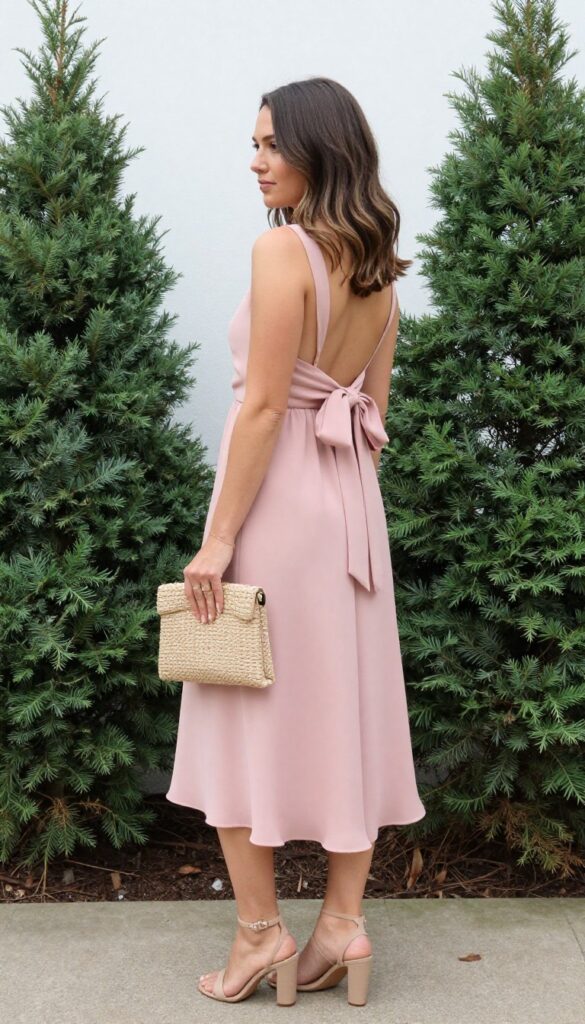 Woman in flowy pastel pink midi dress with back bow, nude sandals, woven clutch, standing in garden