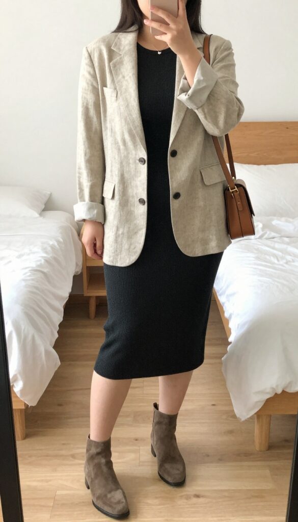 Woman in oversized linen blazer and fitted knit dress, belted at waist, with suede ankle boots and crossbody bag, standing in a bright office or cafe setting.