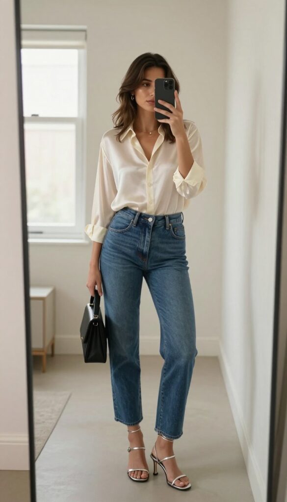 Woman taking a mirror selfie wearing dark denim shorts and a cream silk blouse, with silver heeled sandals and a small black clutch, in a bright room.