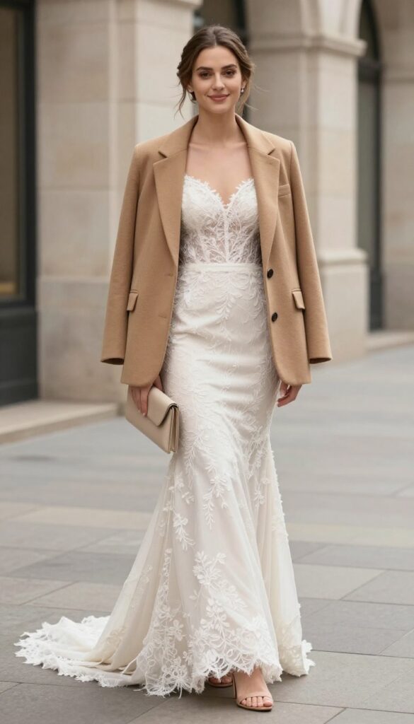 Woman in ivory mermaid wedding dress with oversized camel blazer, nude strappy heels, and beige clutch in city plaza