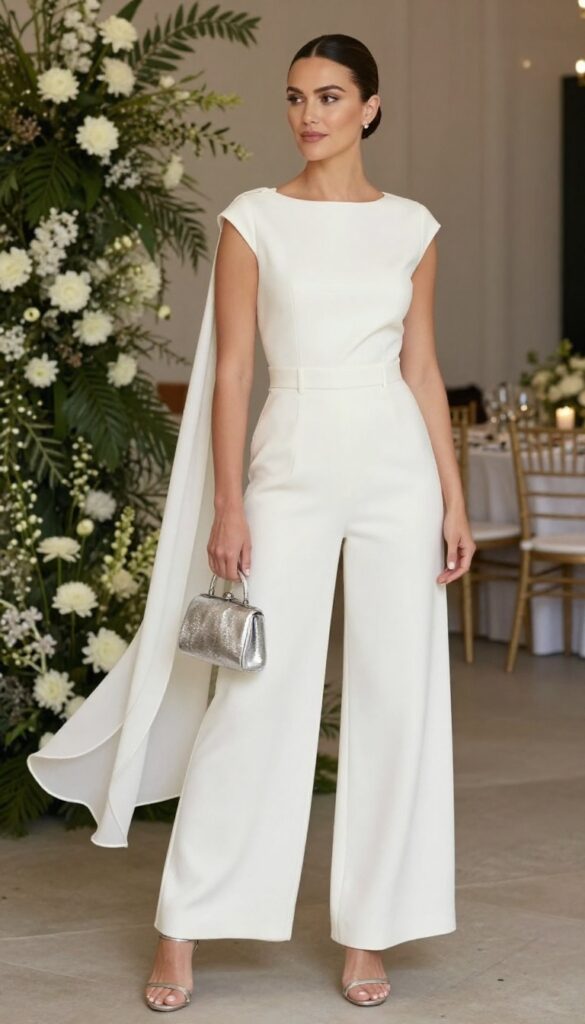 Woman in white mini jumpsuit with train, silver heels, and clutch at evening wedding reception