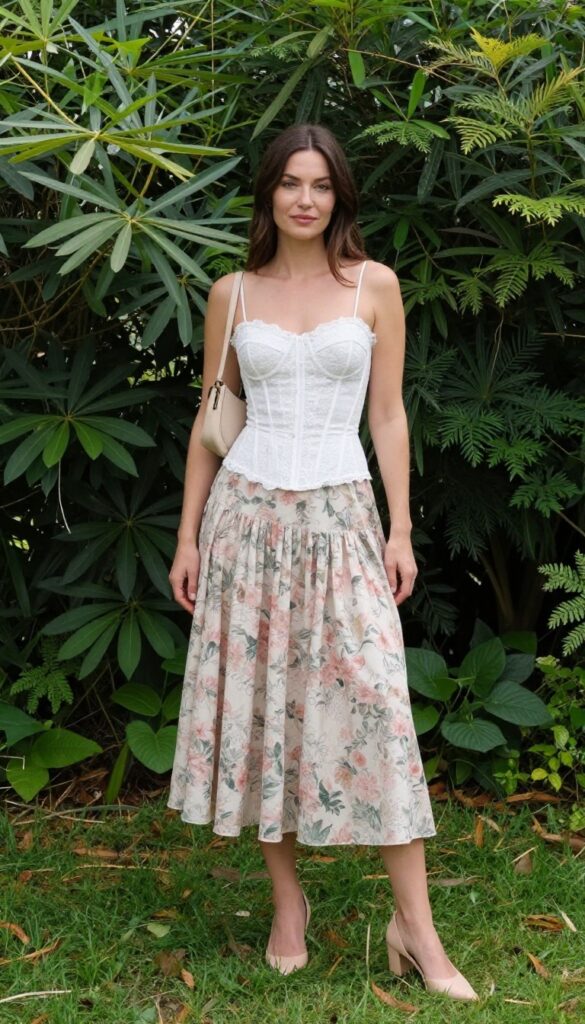 Woman in white lace corset, cropped blouse, and floral skirt with nude heels and beige bag in garden
