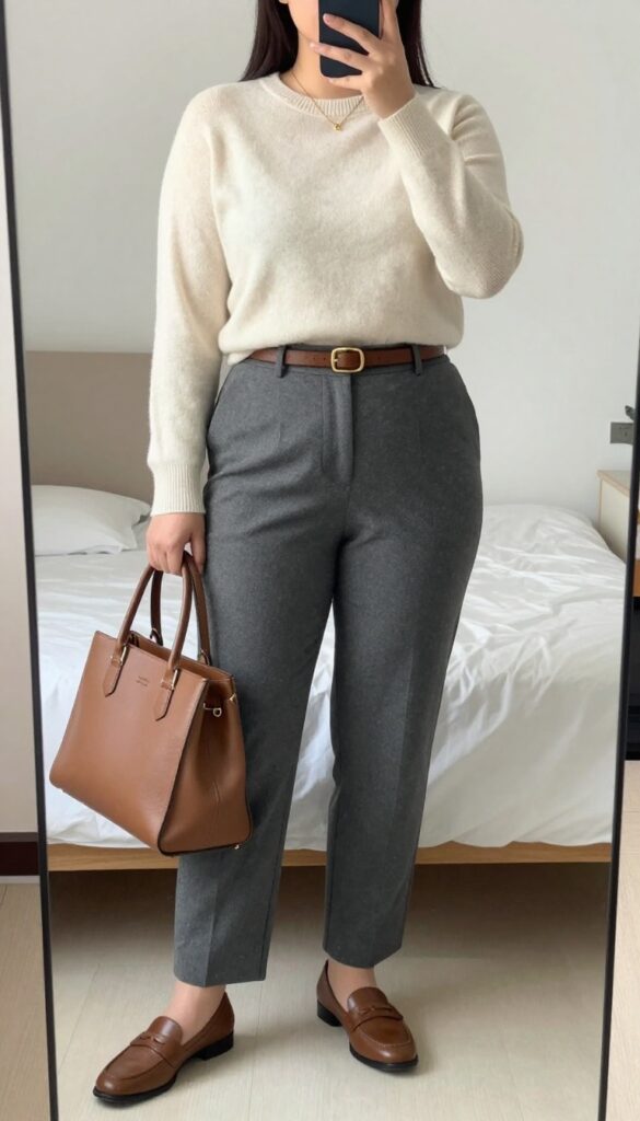 A woman in grey trousers and a cream cashmere sweater, holding a structured tote, standing in a bright office with a mirror selfie composition.