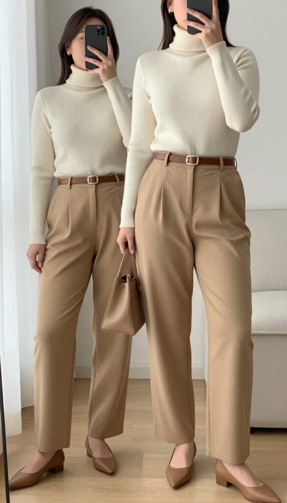 Woman in cream turtleneck and camel pleated trousers with pointed flats and structured tote, standing in a bright office or neutral-toned room.
