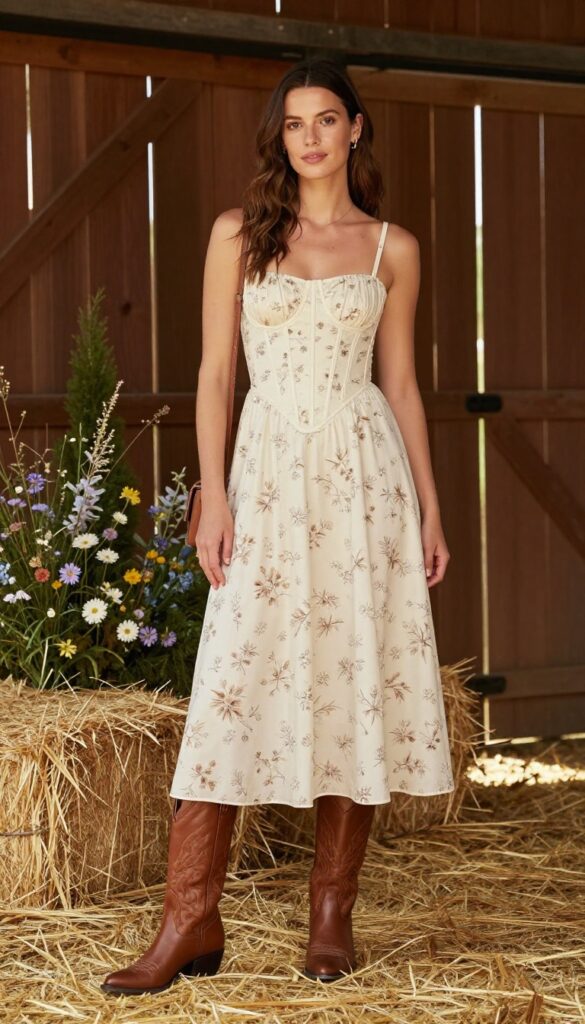 Woman wearing fitted ivory corset over floral midi dress with Western boots in rustic barn setting