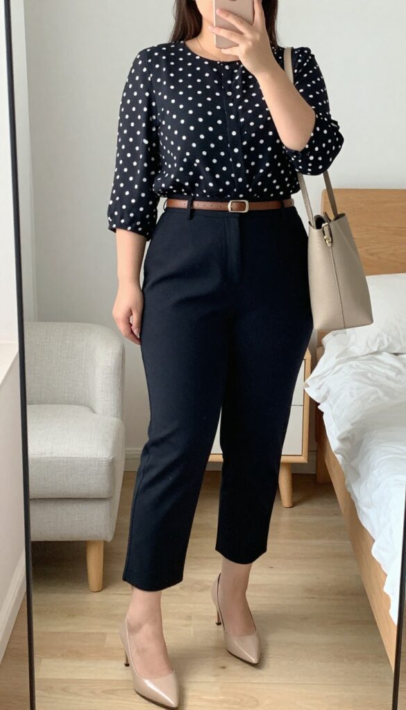 Woman in patterned blouse and cropped pants, standing in front of a mirror, taking a selfie with phone partially covering face. Bedroom setting.