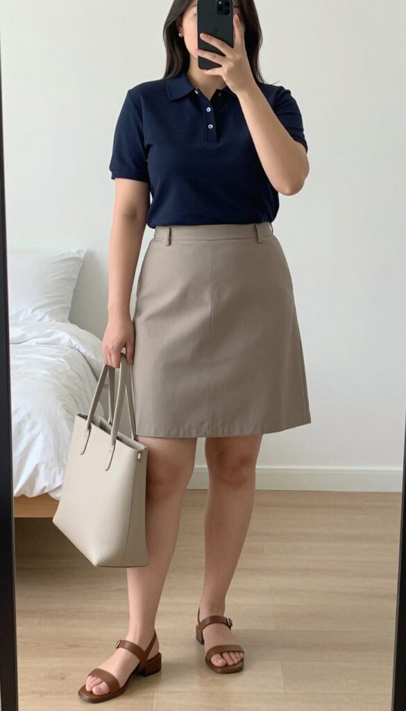 A woman in a tucked polo shirt and A-line skirt, wearing leather sandals and holding a tote bag, standing in a bright office or outdoor setting.