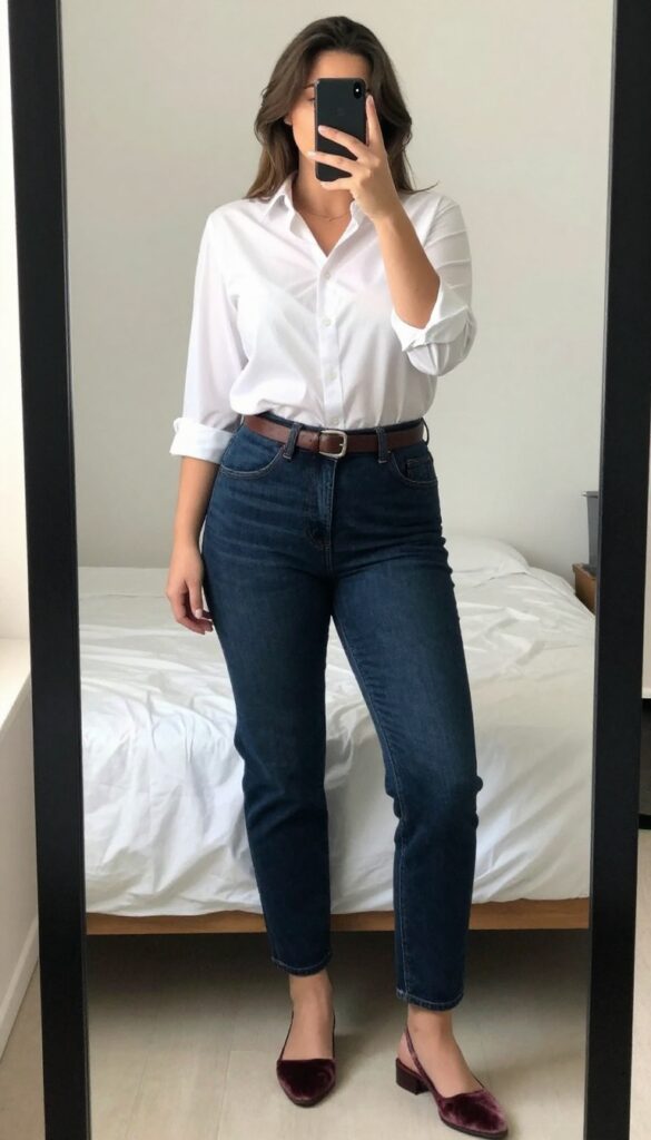 Woman in dark straight-leg jeans and white button-down with rolled sleeves, wearing velvet smoking slippers, taking a mirror selfie partially covering face with phone.